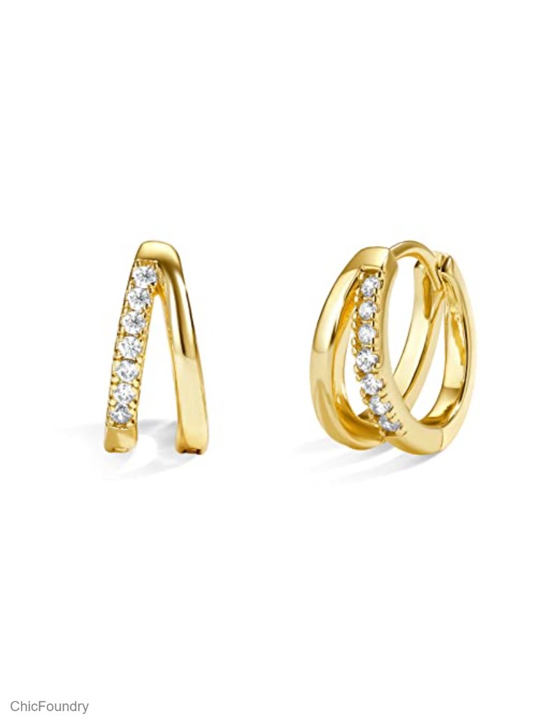 14k Gold Plated Small Huggie Hoop Earrings Cubic Zirconia Hypoallergenic Double